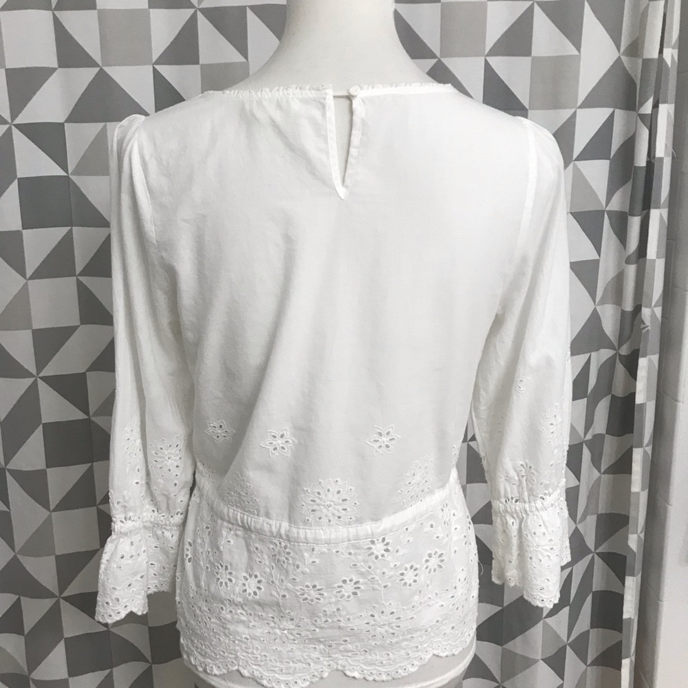 Eyelet Scalloped Sleeve Drawstring Waist Keyhole Back Popover Top Blouse S - Picture 2 of 10